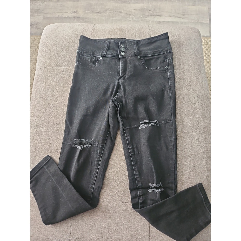 Blue Savvy High Waist Black Skinny Jeans 7/28 Distressed Butt Lift Seams